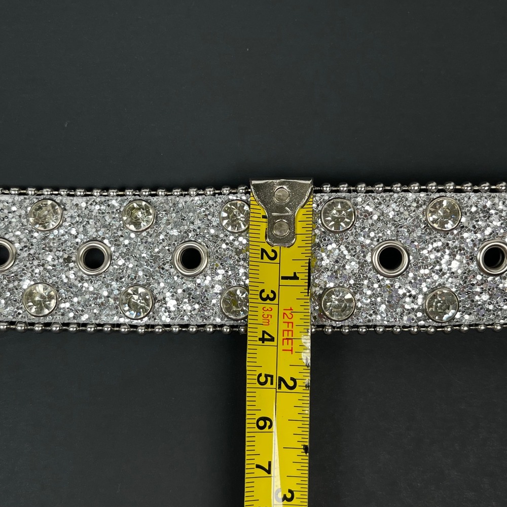 Vintage Rhinestone Western Belt Womens 30/32 Silver Studded Floral Buckle Rodeo - Picture 10 of 10